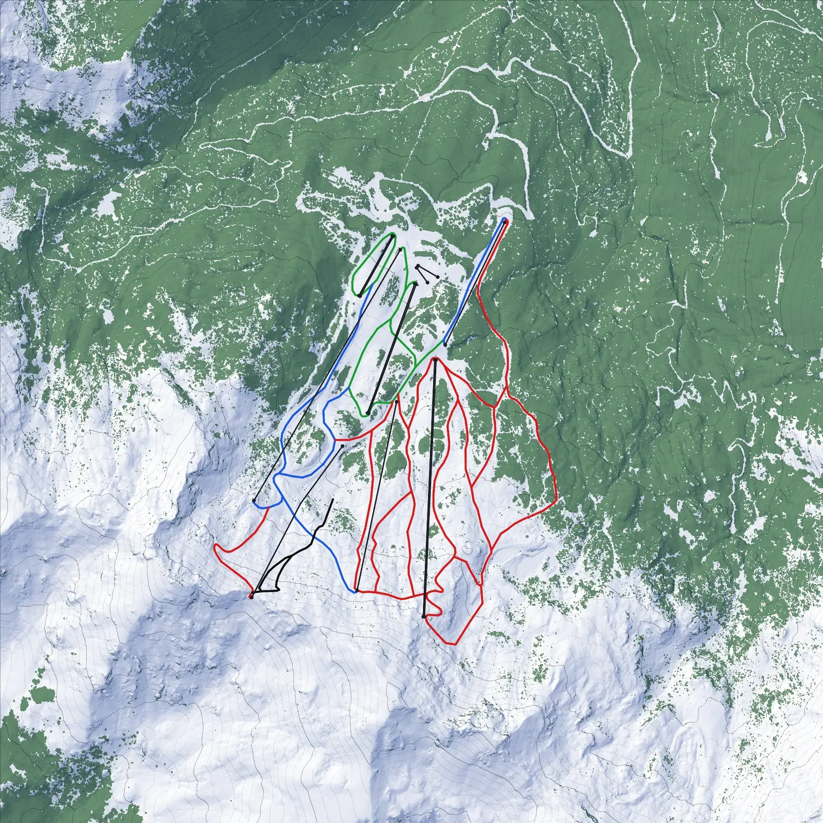 Piste map of Domaine Les Monts d'Olmes: terrain, forest and slopes by colour