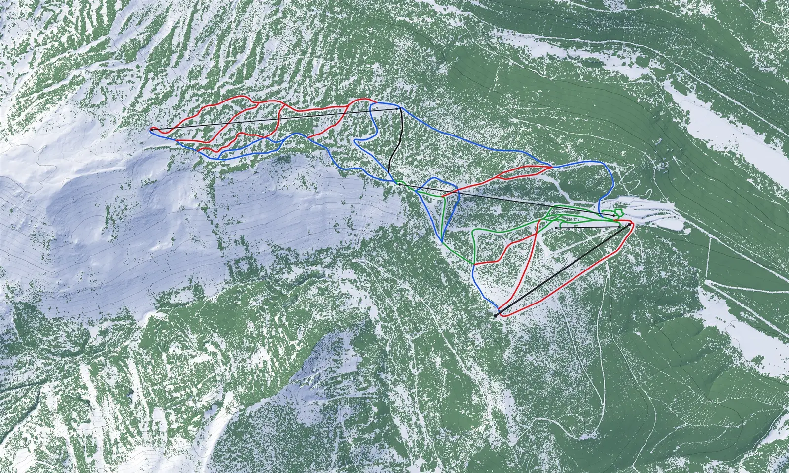 Plan des pistes de Formiguères : relief, forêt et pistes par couleur