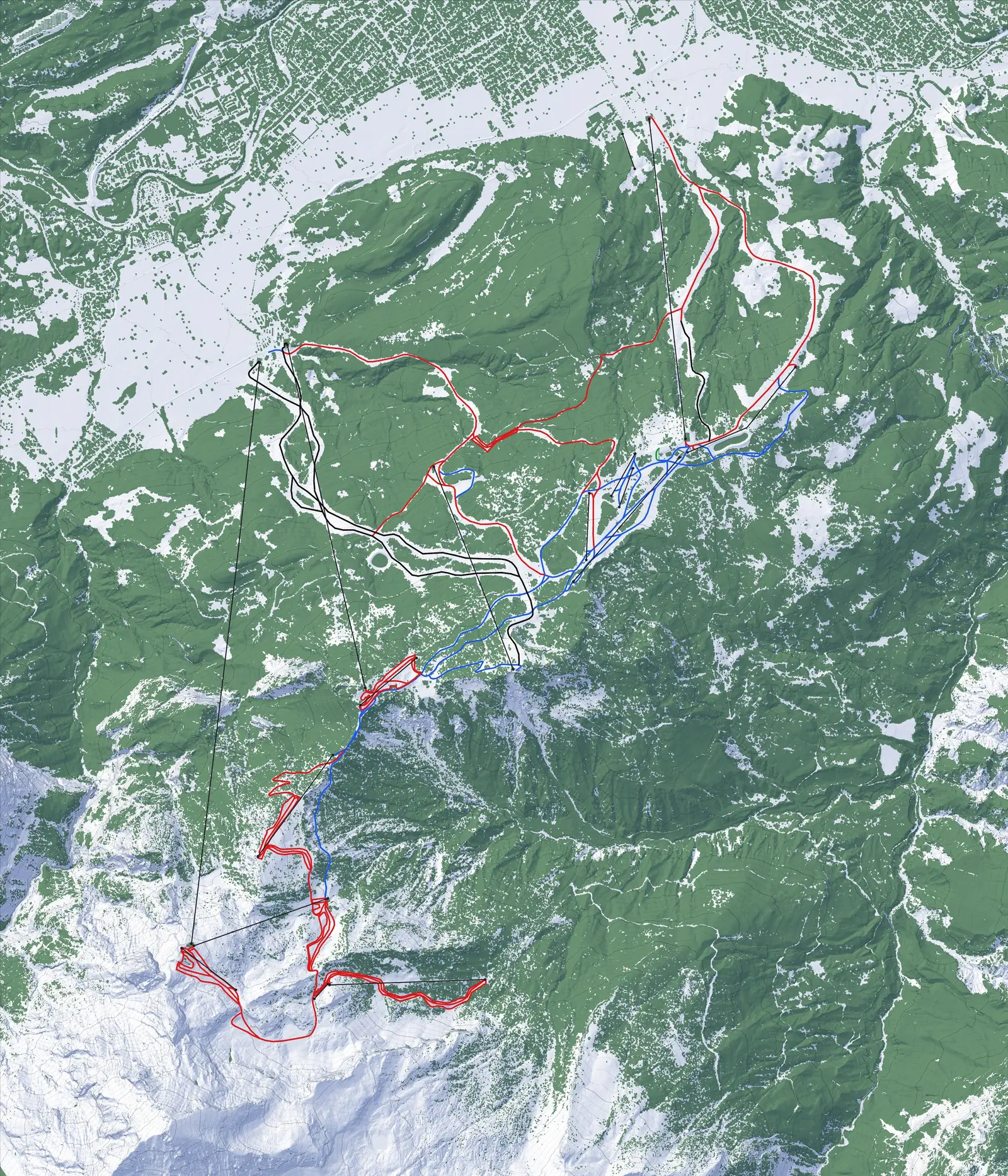Pistenplan von Skigebiet Garmisch-Classic: Gelände, Wald und Pisten nach Farbe