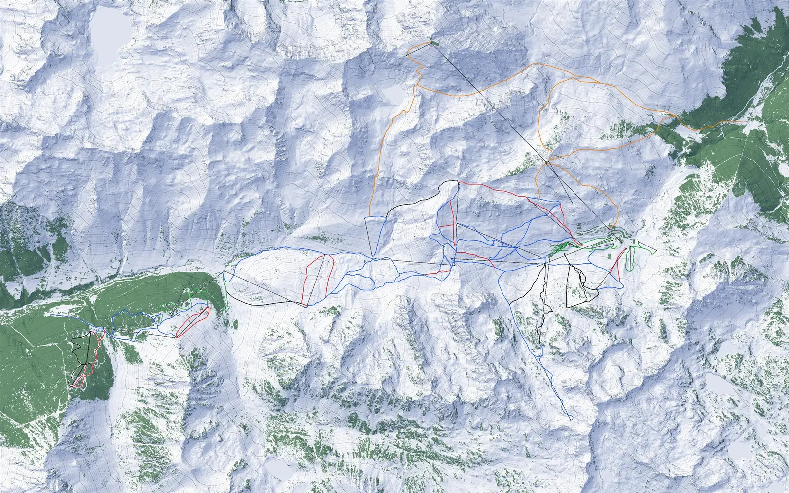 Plan des pistes de Grand Tourmalet : relief, forêt et pistes par couleur