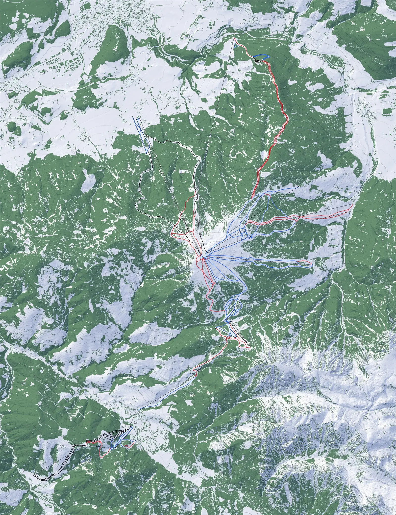 Pistenplan von Kronplatz - Plan de Corones: Gelände, Wald und Pisten nach Farbe