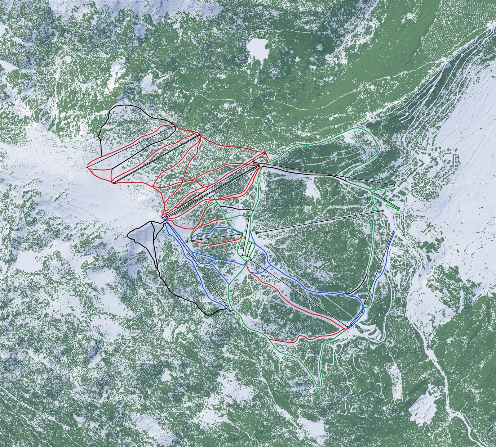 Pistenplan von Les Angles: Gelände, Wald und Pisten nach Farbe