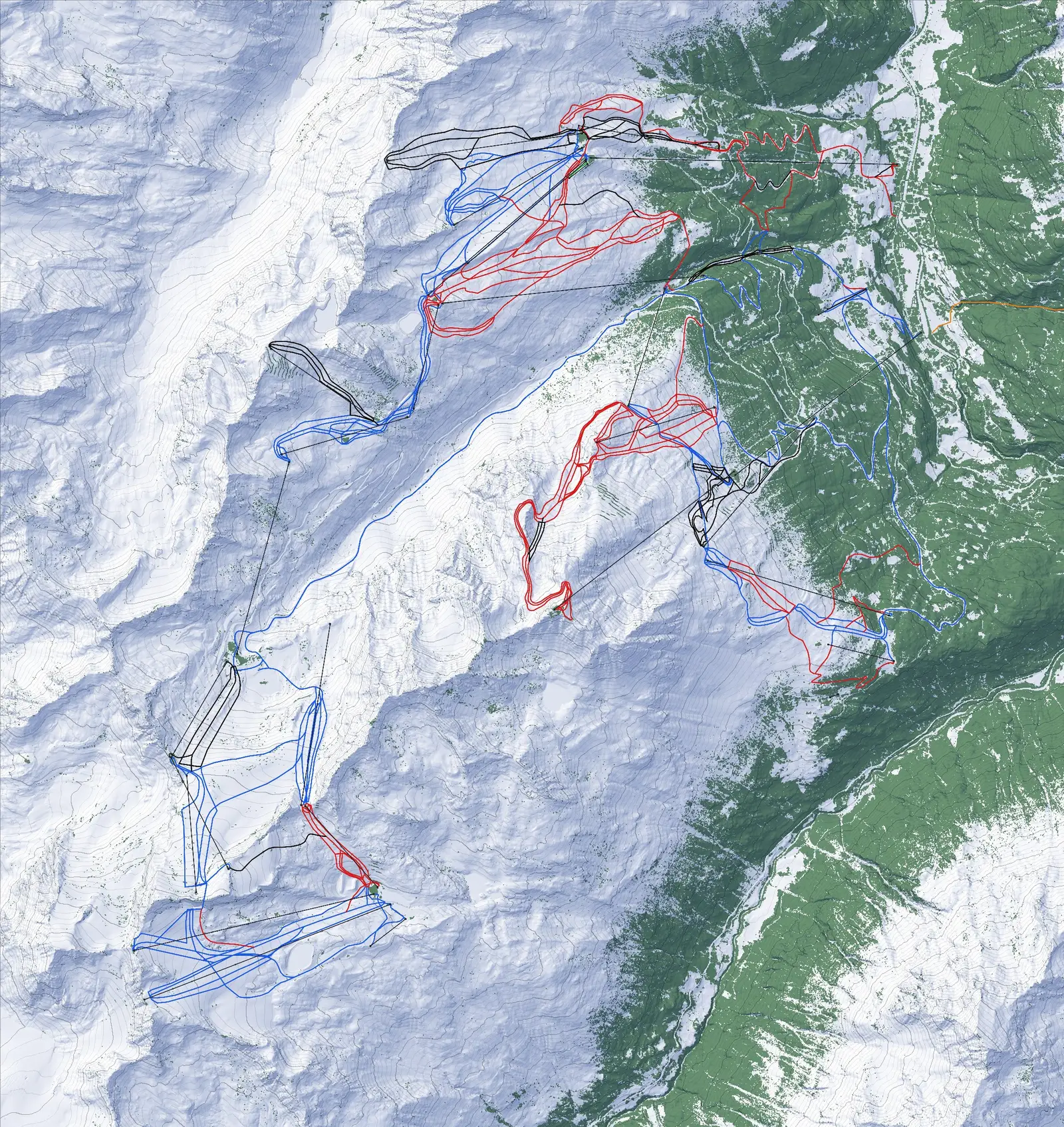 Plan des pistes de Sölden : relief, forêt et pistes par couleur
