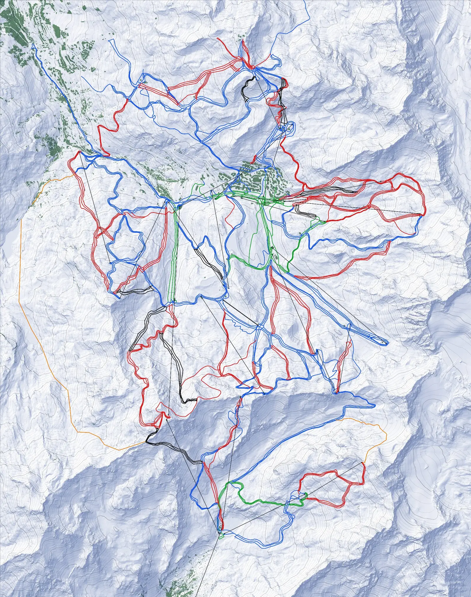 Plan des pistes de Val Thorens : relief, forêt et pistes par couleur